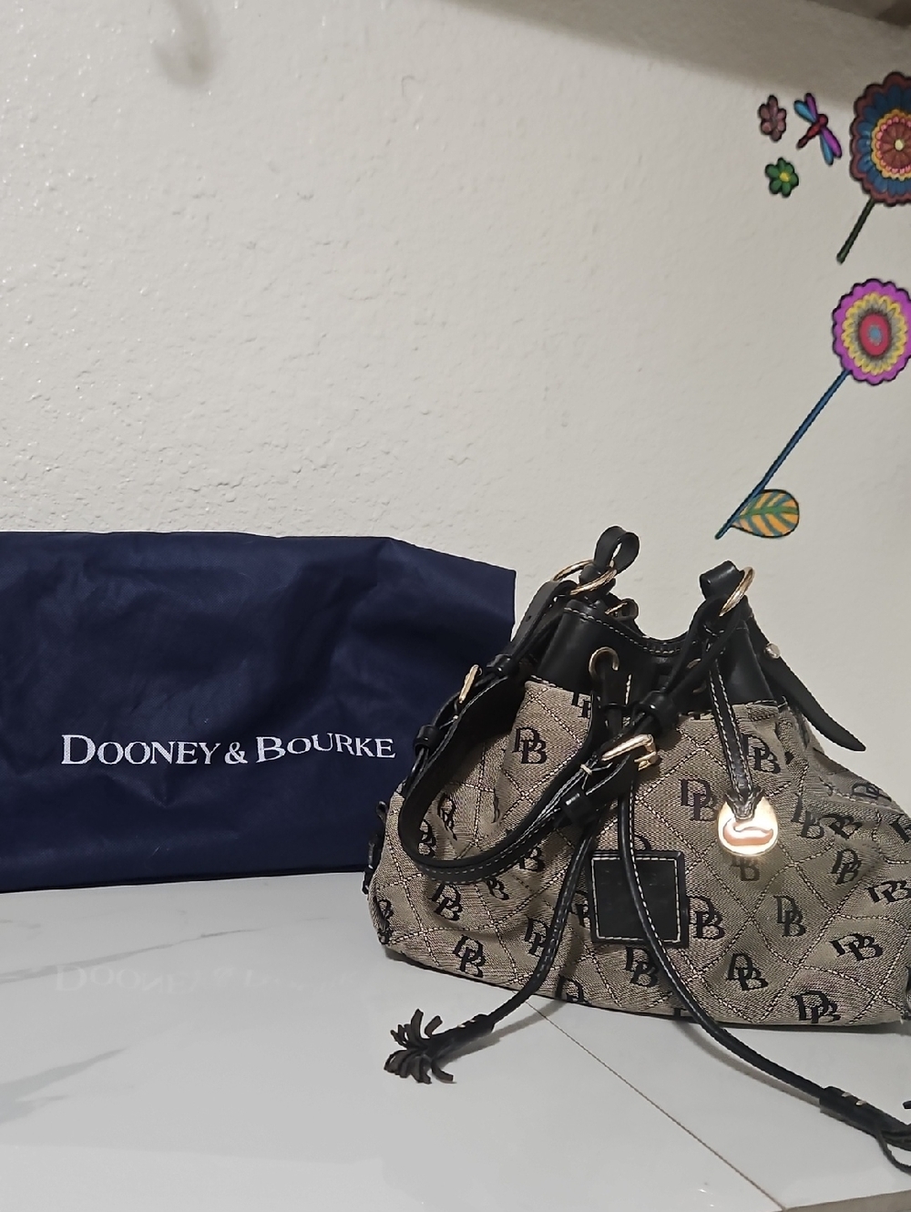 Vintage Dooney & Bourke Canvas Logo Leather Trim Drawstring Bag